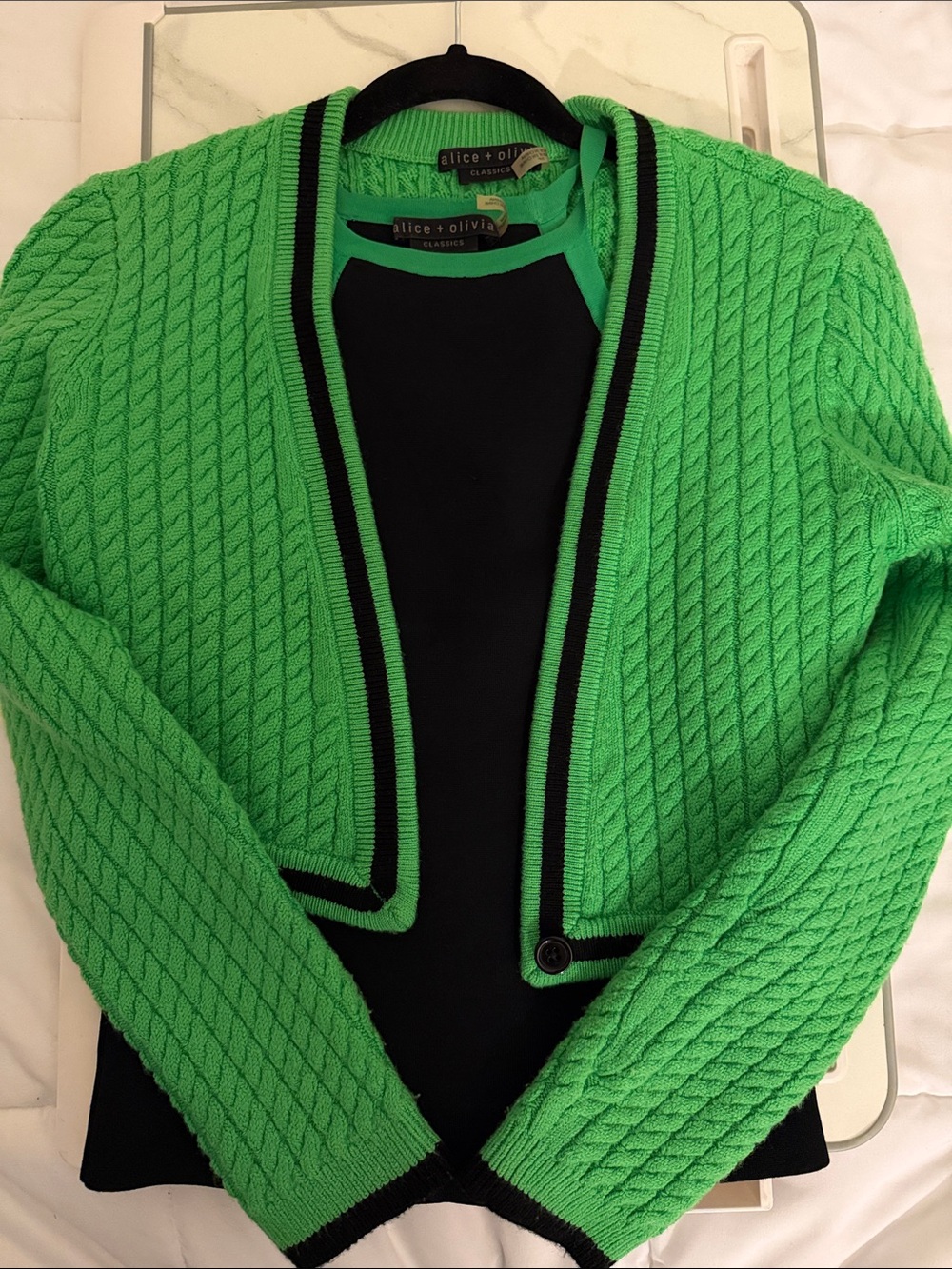 Alice + Olivia Vivid Green Cable-Knit Cropped Cardigan with Black Trim